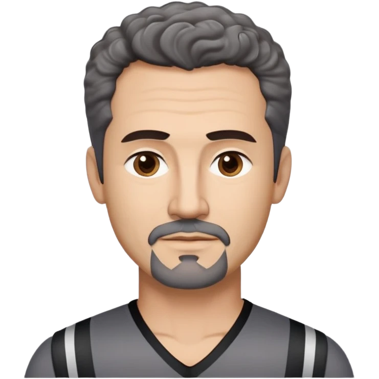 Man in his early 50s with tan complexion. Strong square jawline. Dark brown eyes with focused expression. Thick eyebrows. Black goatee with subtle gray hairs. Short curly dark hair with slight receding hairline. Slight confident smile. Wearing a black V-neck shirt with gray stripes. emoji