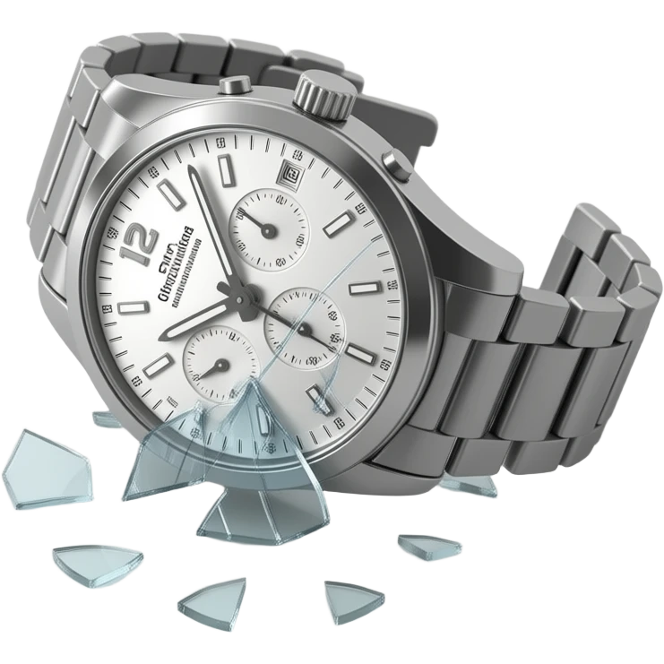 A wristwatch fallen on the ground with its glass cracked and slightly shattered. The strap is twisted, small glass fragments scattered nearby. Subtle scratches on the surface, suggesting impact. Soft dramatic lighting, no people, clean floor background, realistic and detailed. emoji