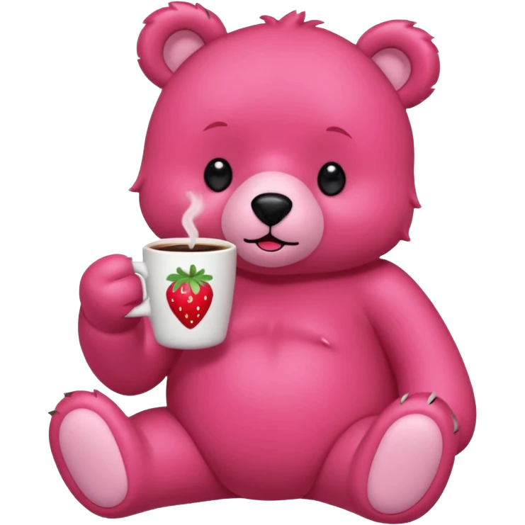 A pink bear is holding a strawberry and drinking coffee with a transparent background in a teenager hand-drawn, 2D, japanese charectors like, style emoji