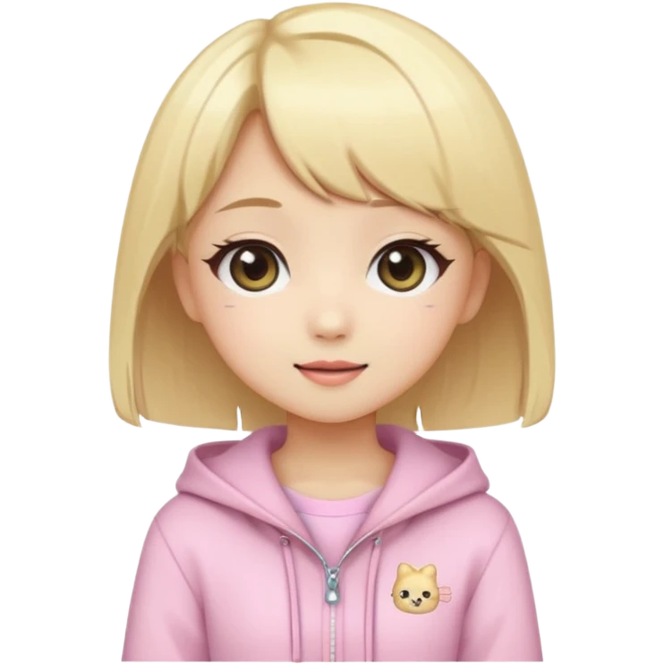 Cute kawaii emoji-style Japanese K-pop girl, blonde hair, trendy K-pop outfit with Japanese cute fashion vibes, big sparkling eyes, chibi proportions, clean lineart, pastel colors, cheerful idol smile, sticker/emoji style, transparent background emoji