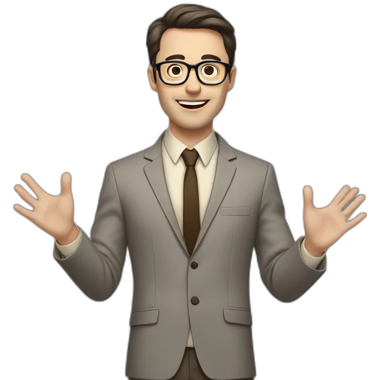 Full height Actively gesturing with hands Pale skinned fit man with dark brown hair in gray jacket, beige office shirt, brown tie, brown pants and vintage glasses. emoji