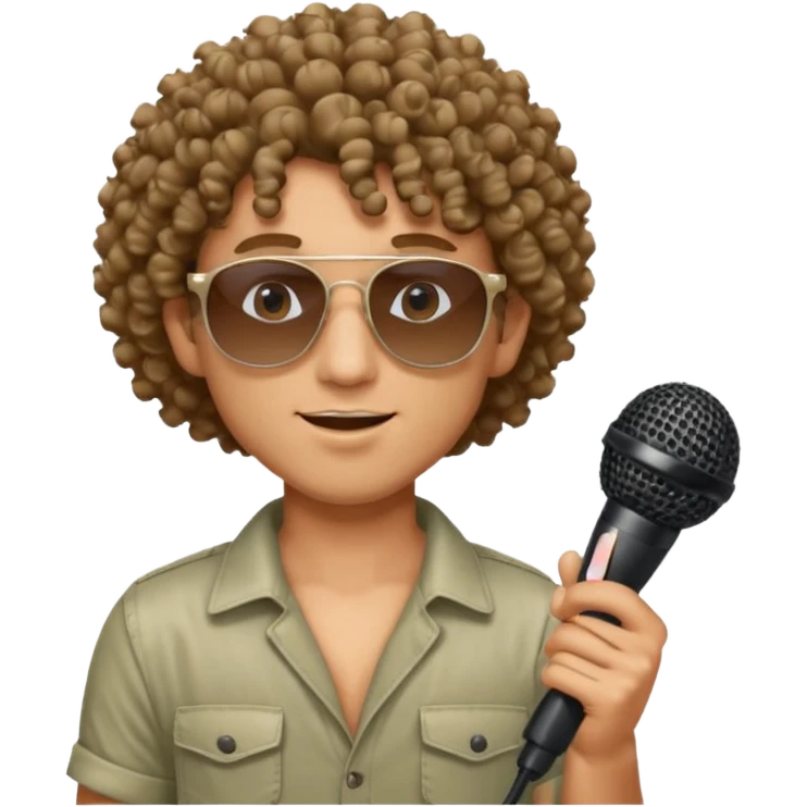 curly haired man with summer clothes and sun glasses holding microphone emoji