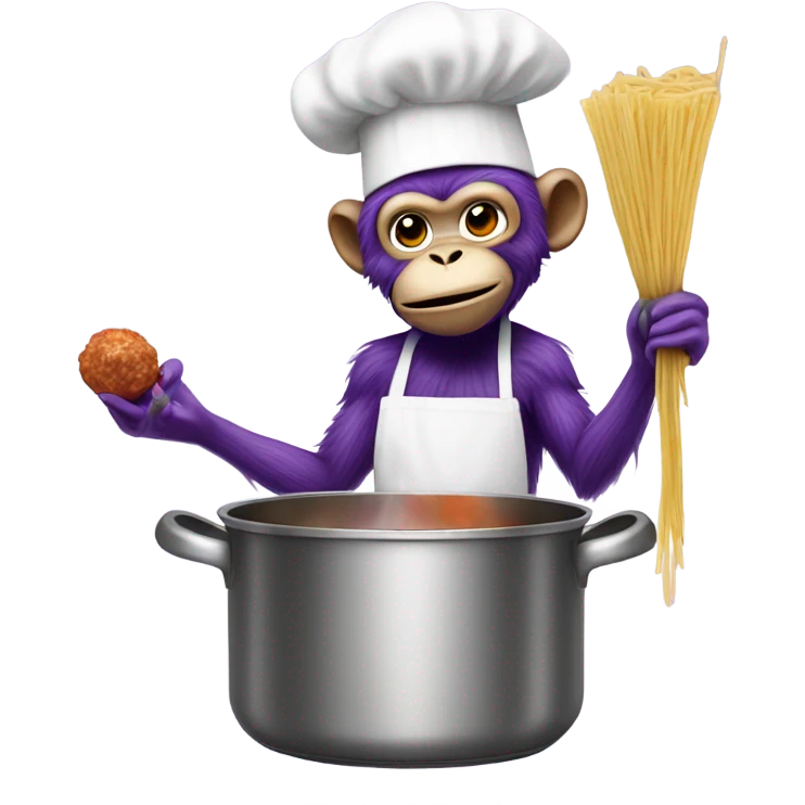 A purple monkey, cooking spaghetti and meatballs ￼ emoji