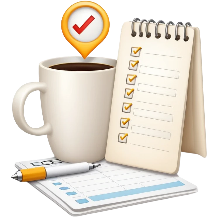 Coffee cup and checklist note connected by a glowing link or chain, showing habit stacking emoji