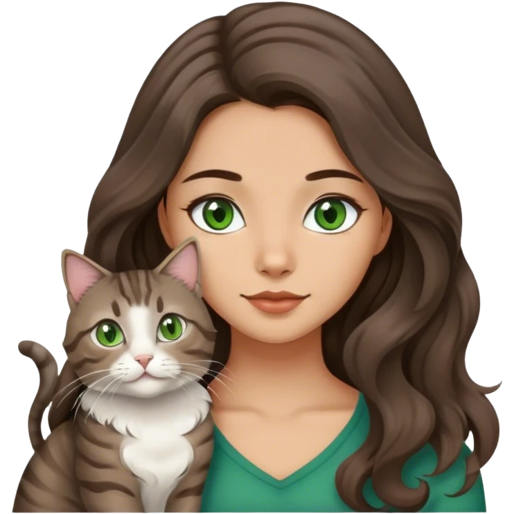 Beautiful girl with long dark wavy hair and a medium complexion with two cats; one is a brown regular tabby and the other is a grey medium hair cat. Both cats with green eyes.  emoji