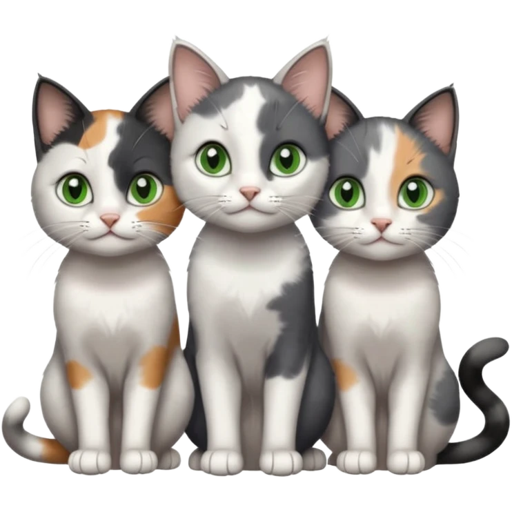 3 different coloured small cats including a dark grey and white, and a patchy calico and a completely solid dark grey with green eyes and only white paws emoji