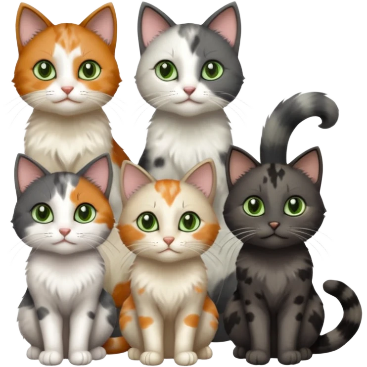 3 different coloured small cats including a dark grey and white, and a patchy calico and a completely solid dark grey with green eyes and only white paws emoji