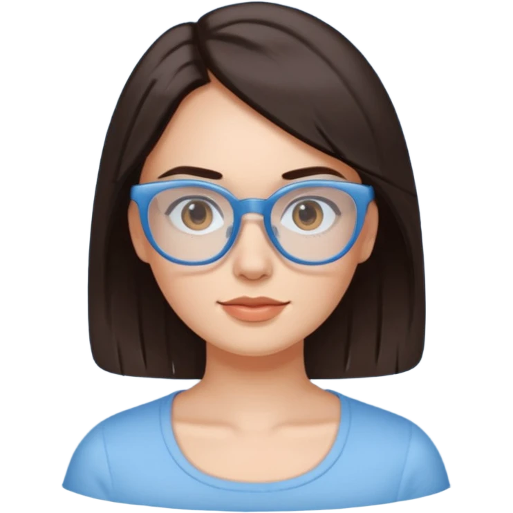 mujer de 30 años, cabello marron oscuro, ANTEOJOS CELESTE BLANCOS, top celeste escote cuadrado, piel blanca, cara redonda emoji