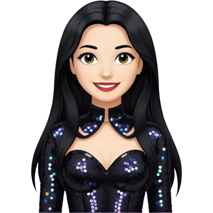 Janet Planet, Female Electropop Singer from Confidence Man with long black hair, black sequin outfit emoji