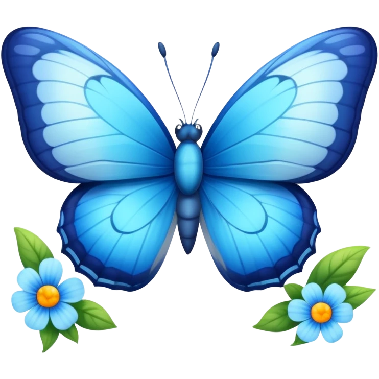 A vibrant blue butterfly with a cute smiling face, fluttering in spring with flowers around emoji