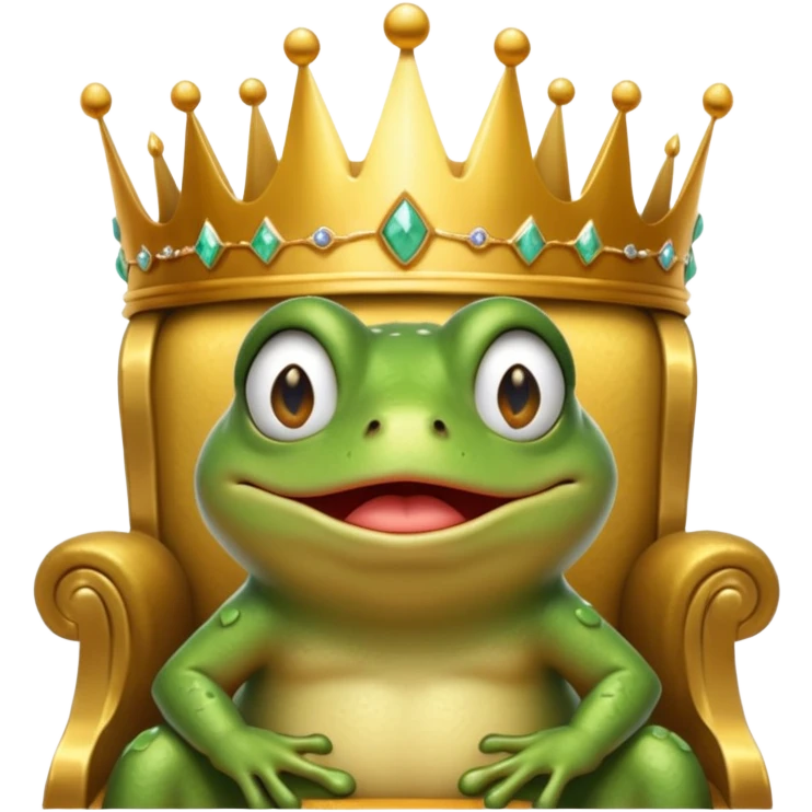 A cry frog wearing a crown, confidently sitting on a golden throne, cry tear from eyes, portrait, bust up emoji
