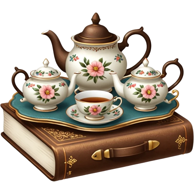 A beautiful vintage tea set stands on a brown book emoji