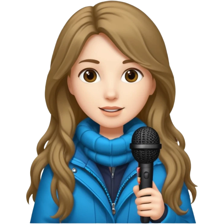 long haired woman with winter clothes holding microphone emoji