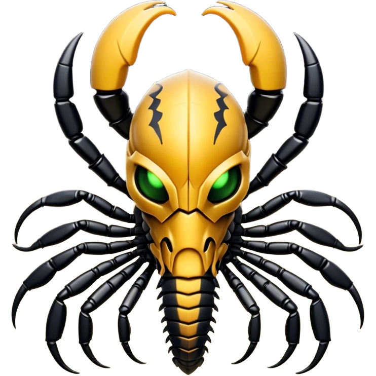 Cinematic Noble Emperor Scorpion Portrait Emoji, Poised and formidable, with a robust, armored build and a glossy, jet-black exoskeleton accented by striking, segmented pincers, deep-set piercing eyes, Simplified yet sharp and sophisticated features, highly detailed, glowing with a cool, dignified glow, high shine, intelligent and imposing, stylized with an air of ancient desert majesty, focused and attentive, soft glowing outline, capturing the essence of a watchful and commanding scorpion that feels as though it could silently creep out of the screen with effortless authority! emoji