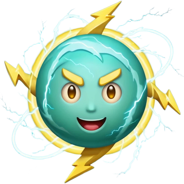 Uranus emoji in Apple-style, blue-green planet with swirling rings, a big playful and excited face, and a large yellow lightning bolt in front, bursting with electric, chaotic energy emoji