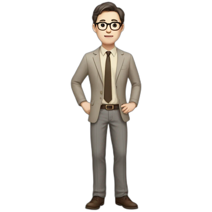 Full height Actively Gesturing Pale skinned fit man with dark brown hair in gray jacket, beige office shirt, brown tie, brown pants and vintage glasses. emoji