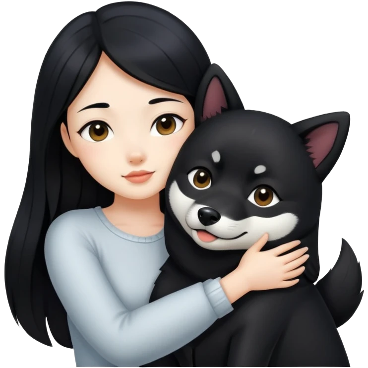 A beautiful girl with long black hair hugs a black Shiba Inu emoji