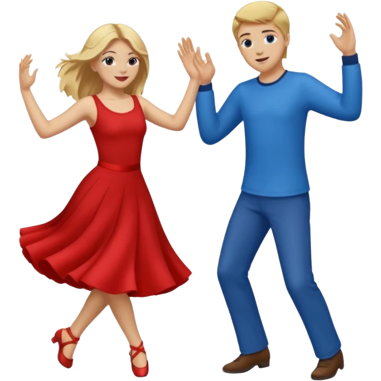 Two people dancing, one wearing red with blond hair and one wearing blue with brown hair and dark skin emoji