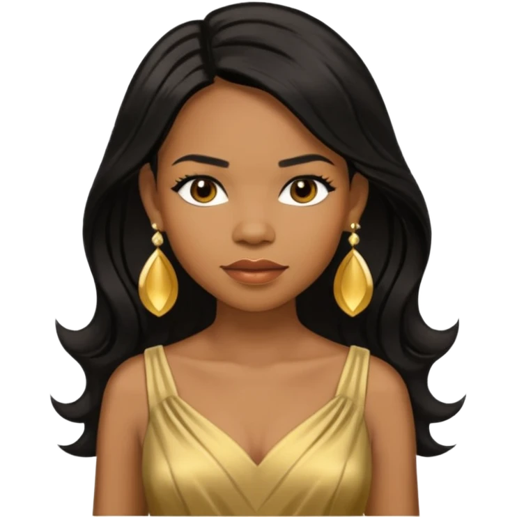 Michelle Williams R&B Singer, Long Black Hair, Medium Dark Skin, Brown Eyes, Gold Dress with earrings emoji