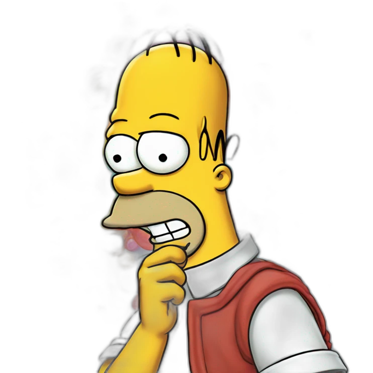 A caricature, Homer Simpson, hand-drawn with bubble on top his head with text "what the hell" make colorful emoji