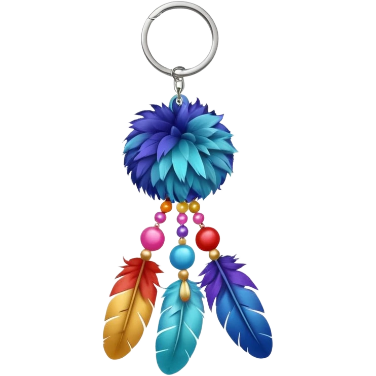 Keychain with big hanging feather and beads and soft fluffy big Pom-pom-balls attached    emoji