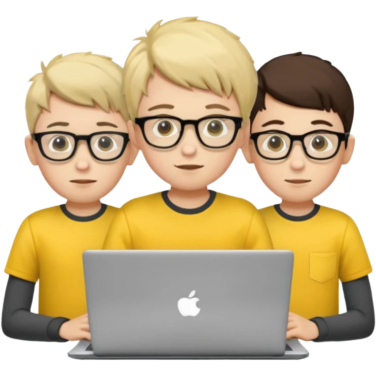 technologist using laptop coding with 2 other technologist color yellow three of it is boy  that using 3 laptop emoji
