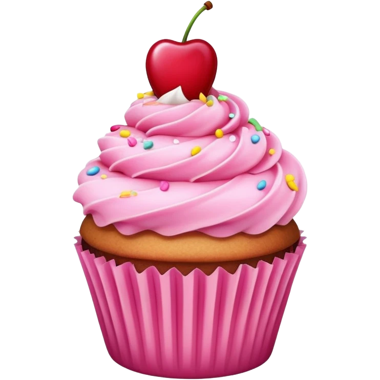 cupcake with pink icing, sprinkles and cherry on top emoji