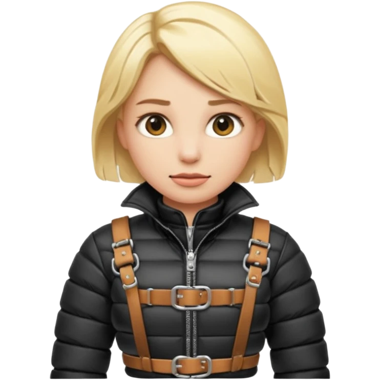 blond female emoji wearing a black down jacket, under bondage emoji