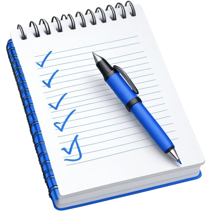 Close-up of a blue pen or pencil writing a bold checkmark on a notebook. Minimalist, modern style, with clean lines and emphasis on the checkmark emoji