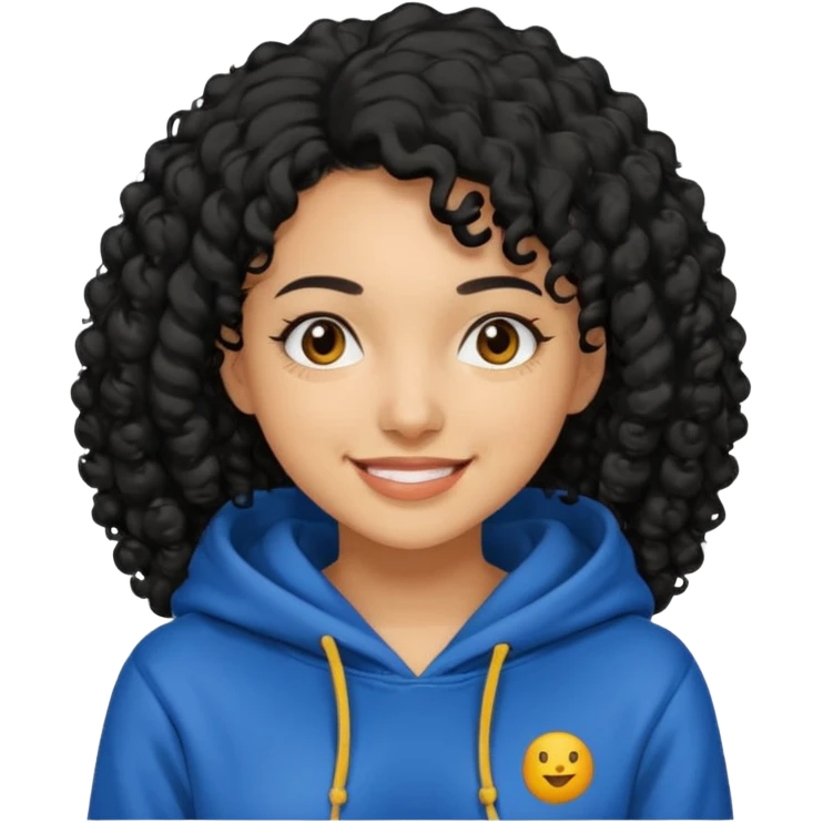 A women with a black curly hair who wear a hoodie and that hoodie have a some smorf emoji