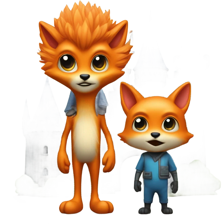 Alien and fox in front of a castle emoji
