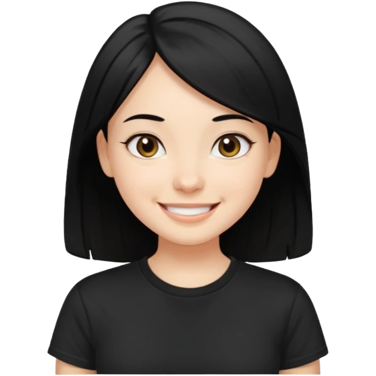a pretty bratz fair girl with straight black hair, wearing a black tshirt, smiling emoji