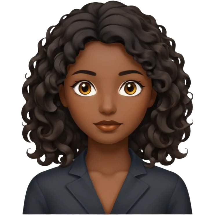 this avatar of 30th year-woman has shoulder-length black wavy hair with loose curls framing the face, and a long, pointed face, black skin with golden-brown eyes and a calm, neutral expression. emoji