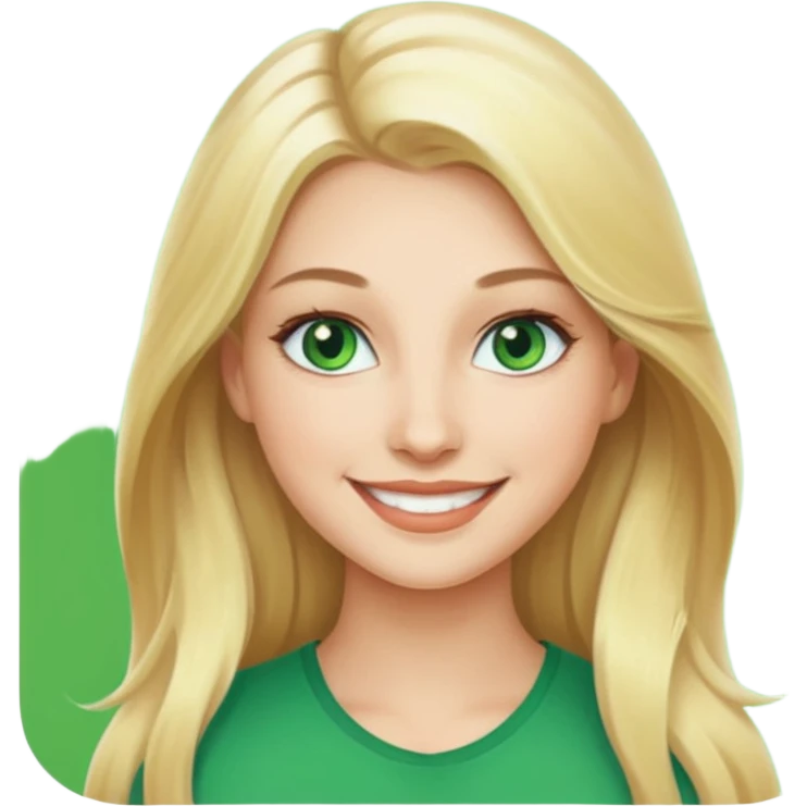woman, long blond hair,green eyes, smiling emoji