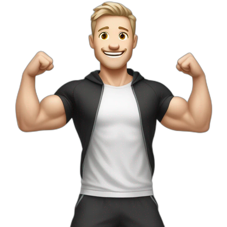 Joyful Celebrating victory Pale skinned Fit Man With the biceps and dark brown hair in black shirt, gray sports shorts and white Sneakers emoji