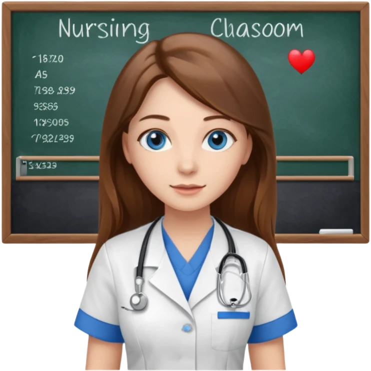 inside a classroom at university that says nursing school on the board with a pretty female nursing student with long brown hair, blue eyes emoji
