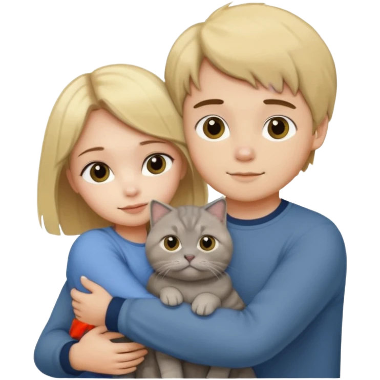 Blonde girl and brunette boy hugging a grey scottish fold cat emoji