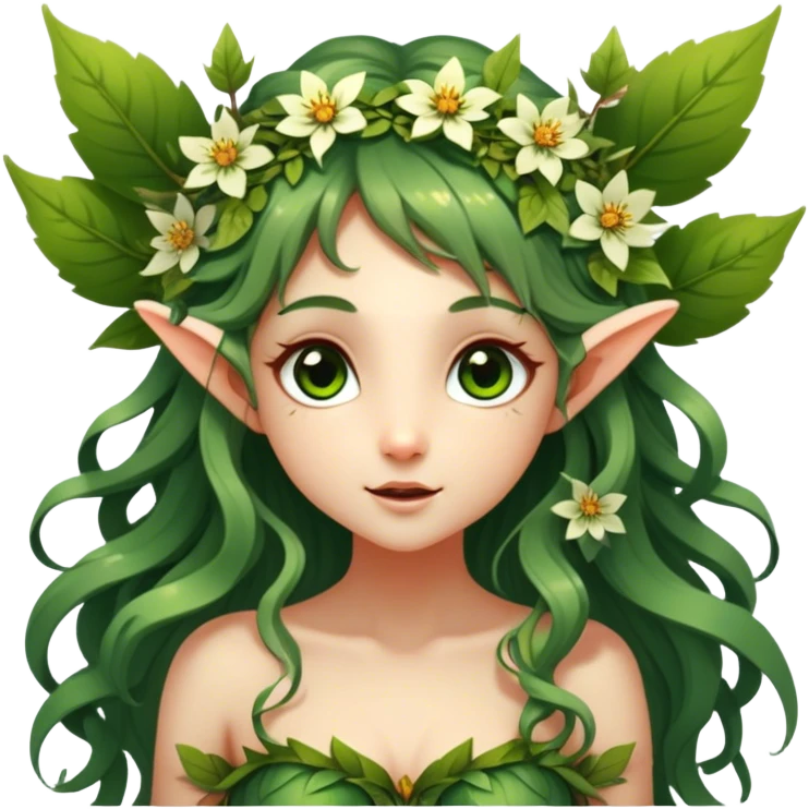 Cinematic Realistic Forest Nymph Fairy Portrait, head tilted playfully and inquisitively, showcasing a nature-inspired form with intricately detailed, sunlit tanned skin and cascading hair interlaced with leaves and blossoms. Her bright, curious eyes sparkle with forest mischief, rendered with lifelike clarity and warm, dappled lighting that captures the spirit of an enchanting woodland fairy ready to dance among the trees. emoji