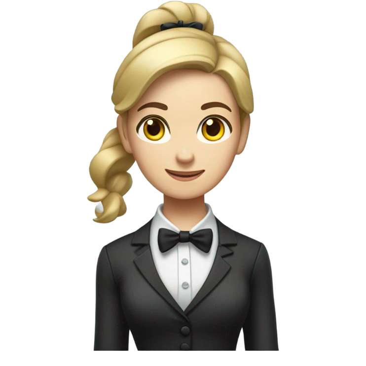 a caucasian female butler with a professional and elegant demeanor. She has her hair neatly tied in a ponytail and wears a classic butler uniform, including a tailored vest, crisp white shirt, and bow tie. emoji