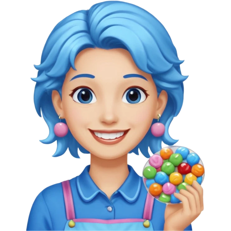 candy shop vendor, looking like candy with candy earrings and candy hair with big smile and blue emoji