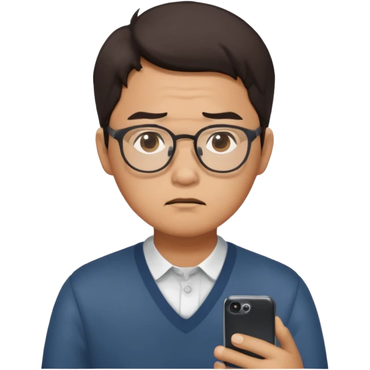 핸드폰을 보는 실망한 안경낀 동양인남자 emoji