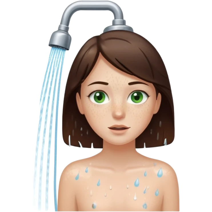 a white brunette girl with green eyes and freckles taking a shower emoji