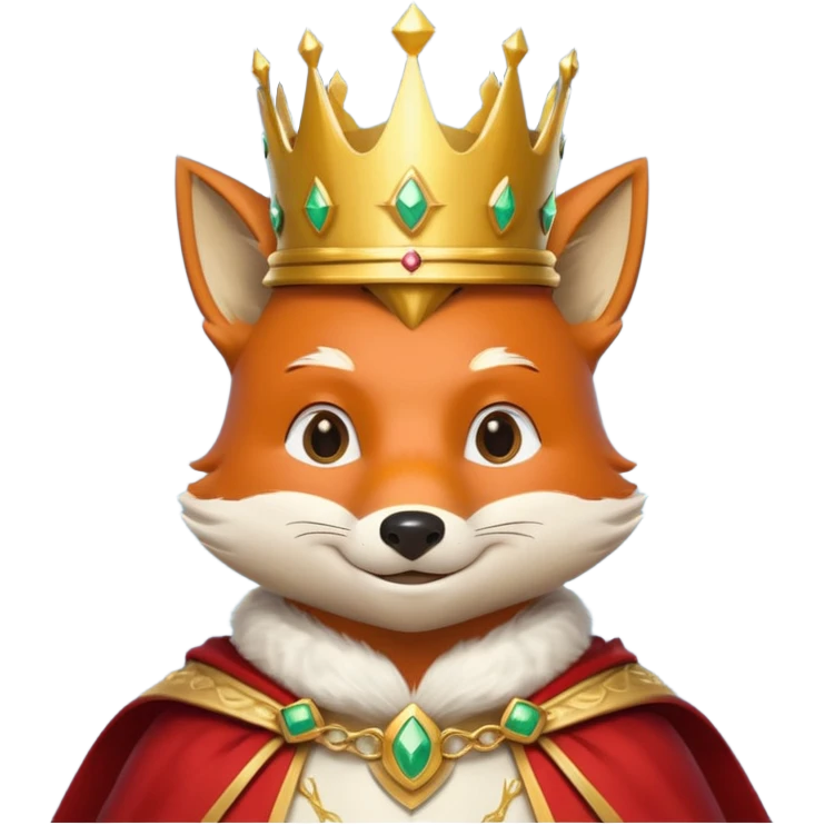 fox king portrait, head and shoulders only, elegant golden crown, noble cloak collar, clever confident smile, fantasy kingdom vibe, 3D cartoon, mobile game icon style, clean background, no text, no watermark
 emoji