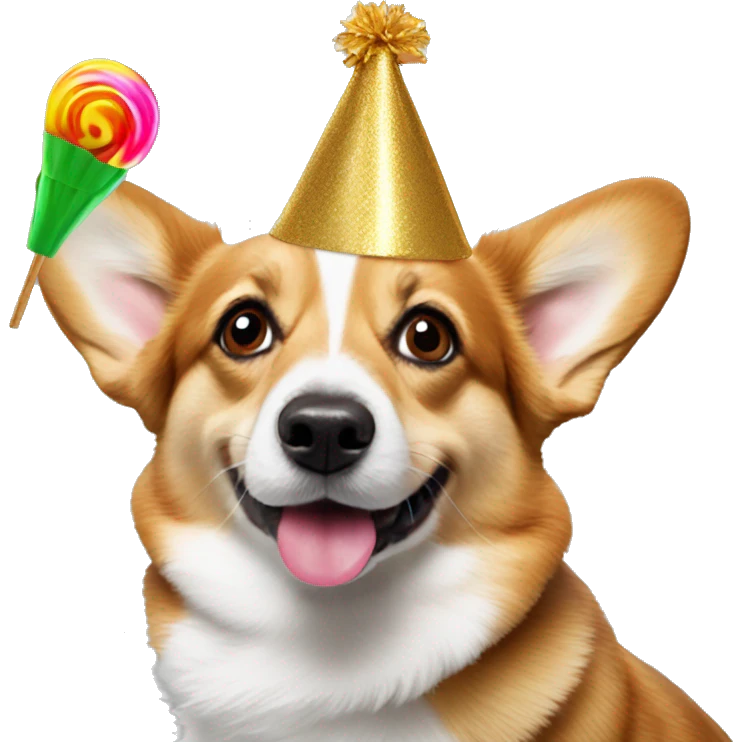 Corgi with a New Year's elf hat and a New Year's lollipop emoji