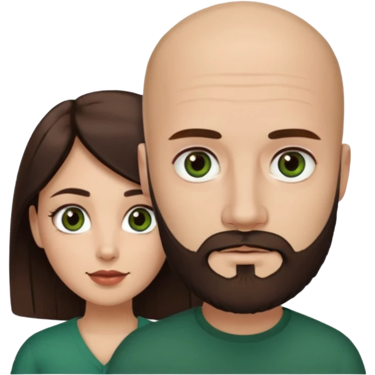 Man beard bald white dark green eyes, woman medium hair brown brown eyed latina they have different eye color man dark green woman dark brown emoji