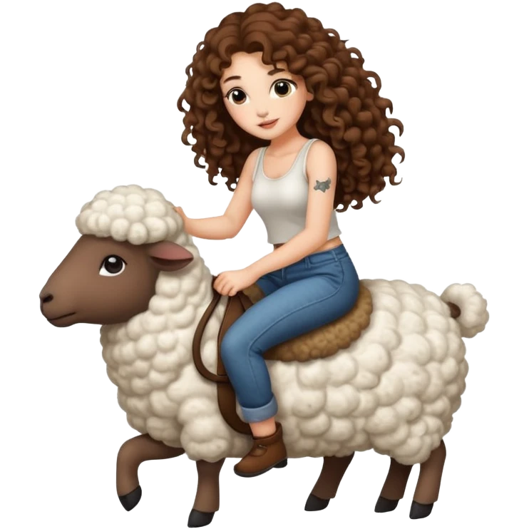 cute woman long curly brown hair tattoos riding fluffy sheep emoji