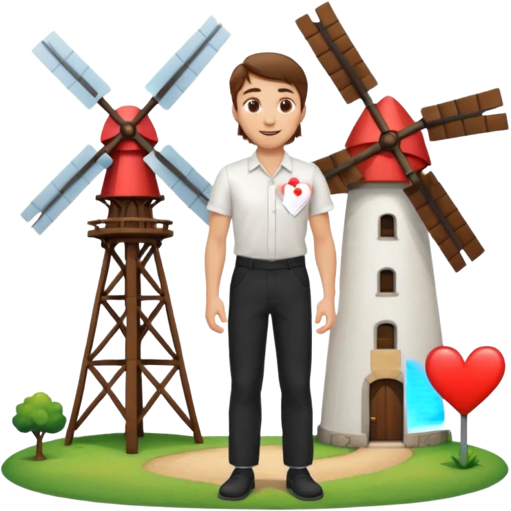 a white man with brown hair and a white shirt and black pants standing next to a windmill with a heart  emoji