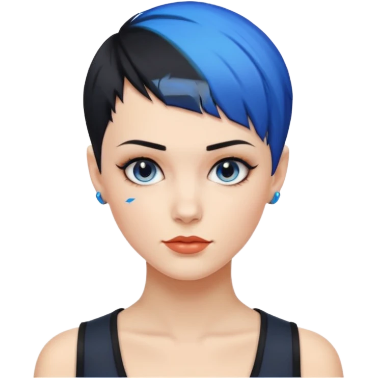 frau, kein kind freche extreme schwarze Kurzhaarfrisur eine Seite wirklich fast keine Haare andere Seite mit blauer Strähne kurze Seite noch viel kürzer emoji