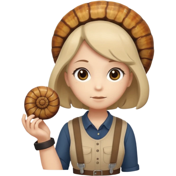 Shelly has a small, chibi-style body with a large ammonite-shaped head that looks like a beige fossil shell. One side of her head has a dark opening, making it clear she isn’t human. Her face is simple and soft, with big round eyes. She wears a brown suspender outfit over a lighter shirt emoji
