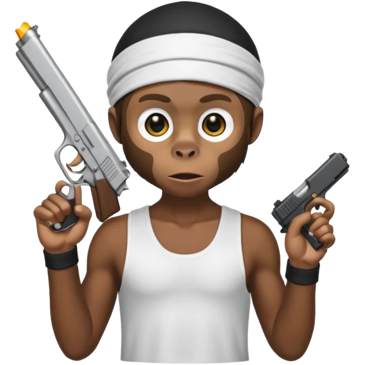 Monkey wearing a black dorag and a white tank top holding a Glock postol emoji